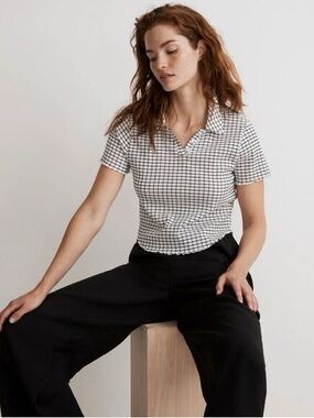 Madewell Windowpane Plaid Crinkle Polo Crop Tee